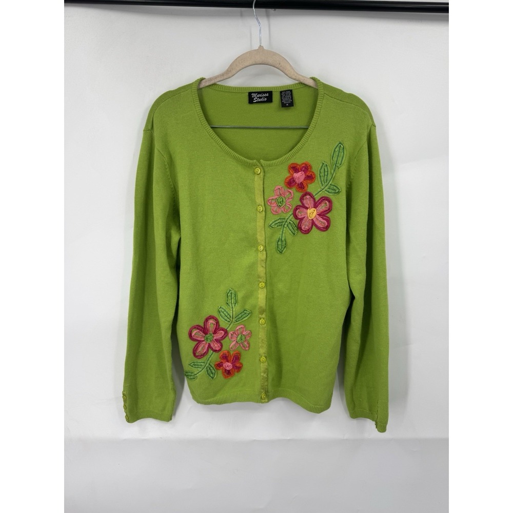 Marissa Studio VTG Button Front Sweater Floral Embroider Fairy Whimsical‎ Green